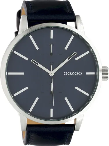Oozoo Herrenuhr Chrono Look 50 MM Silberfarben/Blau - Armbanduhren für Herren mit XL Gehäusedurchmesser, spritzwassergeschützt und elegantem dunkelblauen Lederband – ideal für stilbewusste Männer.