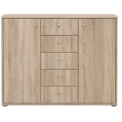 FORTE TEMPRA 2 Kommode mit 2 Türen und 5 Schubladen - Moderne Kommode in Sonoma Eiche, bietet 4 verstellbare Einlegeböden für flexible Stauraumlösungen und ist pflegeleicht für mühelose Reinigung.