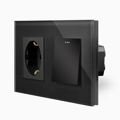 Wippschalter Lichtschalter + Steckdose Schuko mit Glasrahmen Glas 2Fach Schwarz