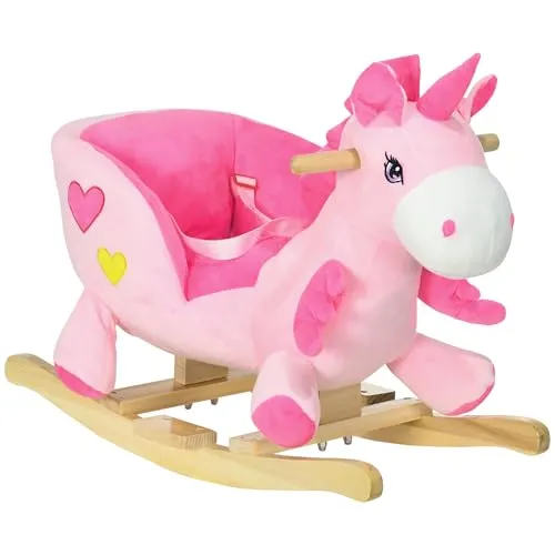 HOMCOM Schaukeltier Einhorn, Kinderschaukelstuhl mit Musik, Beckengurt, Fußstütze, Baby Schaukelstuhl aus Flanell für Kinder 1,5 bis 3 Jahre, Holz, Rosa