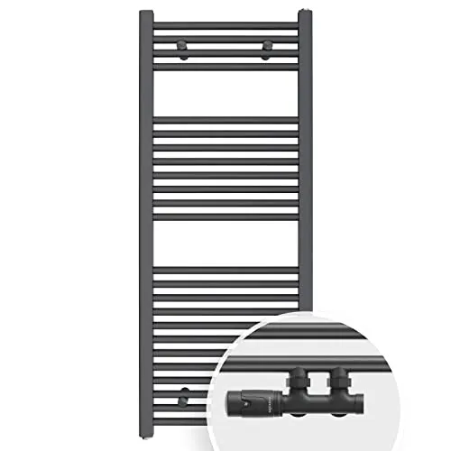 Aquabad Badheizkörper Virgo 50 x 120 cm - Anthrazit - Effizienter Badheizkörper mit 422 Watt Heizleistung, ideal für Räume bis 7 qm. Inklusive Handtuchhalter und praktische Multiblock Eckausführung für vielseitige Installation.