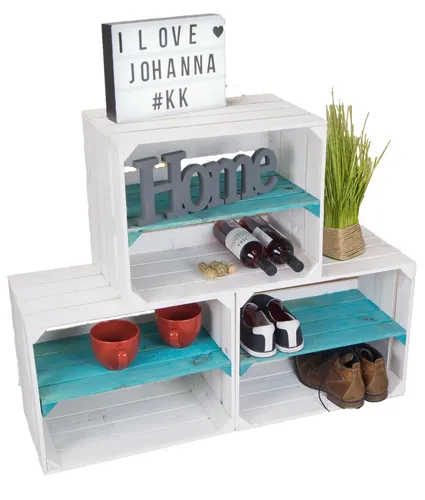 3er Set Regalkiste Johanna - Weiß mit Türkis - Sonstige - Hochwertige Holzkisten im mediterranen Stil, ideal zur Aufbewahrung und Dekoration in jedem Raum.