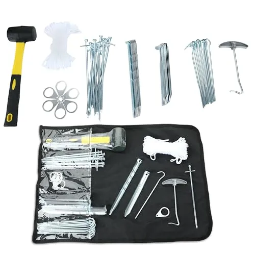 Zeltzubehör Set in praktischer Aufbewahrungstasche 50 Teile - 40 Heringe Heringzieher Campinghammer Abspannseil Seil-Schnalle Campingzubehör Bodenanker Zeltnagel Erdnagel