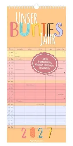 Familienplaner Unser buntes Jahr 2027: bunter Familienkalender 20x45 cm mit 5 Spalten, Feiertagen, Mondphasen, ideal für Familienorganisation