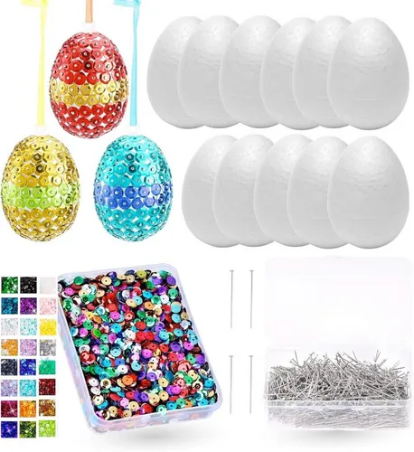 Hey!Easter® Styropor-Ei Ostern Bastel Set 10x Styroporeier - Bunte Pailetten - Stecknadeln, DIY Osterdekoration