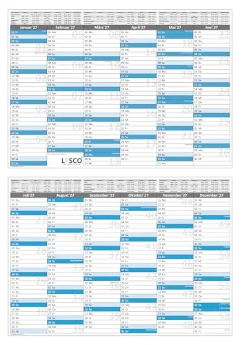 Tafelkalender DIN A4 2027 - 5 Stück - Wandkalender 2027 im DIN A4 Querformat, 300g Papier, ideal zum Planen mit deutschen Feiertagen und Ferienübersicht, perfekt für Zuhause oder Büro.