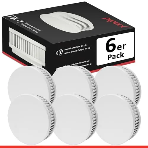 Pyrexx PX-1 Rauchmelder 6er Set - Zertifizierter Rauchmelder mit 10 Jahren Batterie, einfache Montage ohne Bohren dank Magnet-Halterung, ideal für Räume bis 60m².