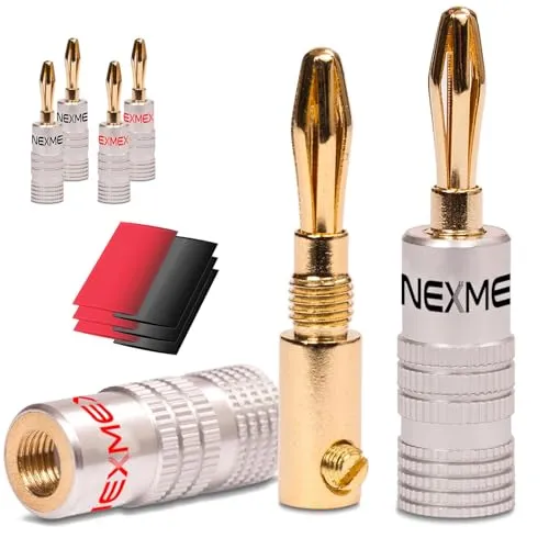 NEXMEX Bananenstecker mit Schrumpfschlauch - 6 Stück Stecker als Set - Steckverbinder 24K vergoldet für Lautsprecherkabel - für HiFi Receiver Verstärker