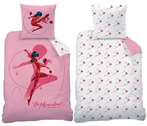 Miraculous Ladybug Kinder-Bettwäsche Shadow Rosa 135 x 200 cm - Bettwaren-Set für Kinder aus 100% Baumwolle in hochwertiger Flanell-Qualität, mit Reißverschluss für einfachen Bezugwechsel und optimalem Schlafkomfort.