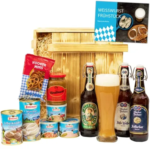 Bayern Geschenkkorb „München“ | Bier Geschenkset mit bayerischen Wurst Spezialitäten - Bier-Geschenkideen - Großer Präsentkorb mit 3 Biersorten, Wurst, süßem Senf & Brezeln für das perfekte Oktoberfest Feeling, ideal als Geburtstags- oder Weihnachtsgeschenk.