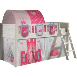 Kinderbett Karyl 90x200 cm - Massivholz Weiß mit Princess Textilset - Halbhohes Spielbett aus Massivholz in Weiß mit schräg angestellter Leiter und bezauberndem Princess Textilset. Ideal für kreative Schlafräume. Einfache Selbstmontage mit Anleitung.