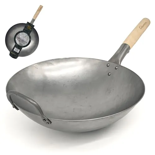 Homira Wok 36cm handgehämmert aus Karbonstahl mit rundem Boden und Holzgriff – traditionelle Wokpfanne, PFAS-frei, für Gas, Grill & Outdoor