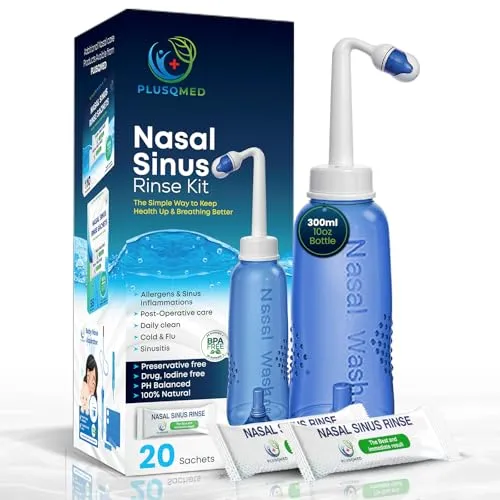 Nasenduschen-Set von PLUSQMED - 300 ml Flasche & 20 Salzbeutel - Rezeptfreie Medikamente zur effektiven Nasenreinigung, ideal bei Erkältung und Allergien. PH-ausgewogen und 100% natürlich für ein angenehmes Spülerlebnis.