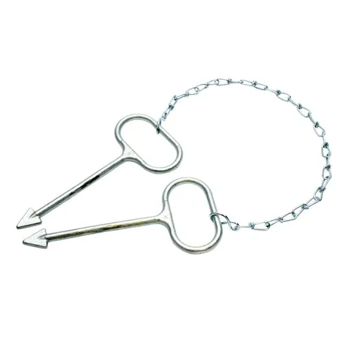 Paar Dönges Schachthaken (Kanaldeckel Schachtdeckel THW 5120T22794), zwei pfeilspitzenförmige Schachthaken verbunden mit einer Kette