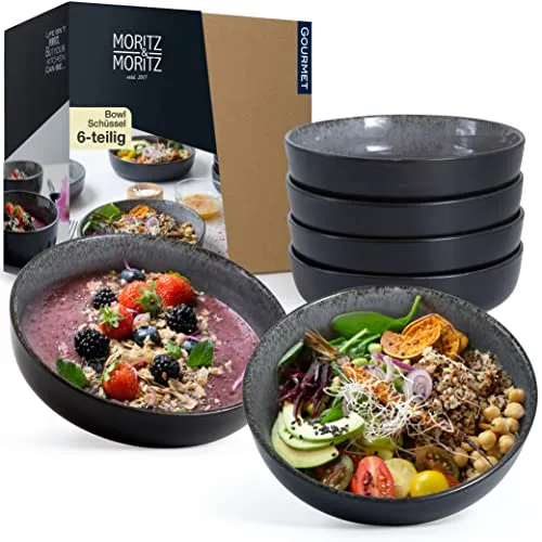 Moritz & Moritz 6x Smoothie Bowl Schüssel Anthrazit - 6-teiliges Set aus hochwertigem Porzellan, ideal für Suppen, Salate und Müslis. Modernes Design in Anthrazit, spülmaschinen- und mikrowellengeeignet.