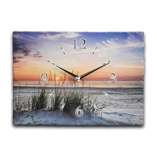 Kreative Feder Designer-Wanduhr aus Stein (Keramik) Größe ca. 35x25cm mit flüsterleisem Uhrwerk (Sandstrand, leises Funkuhrwerk)