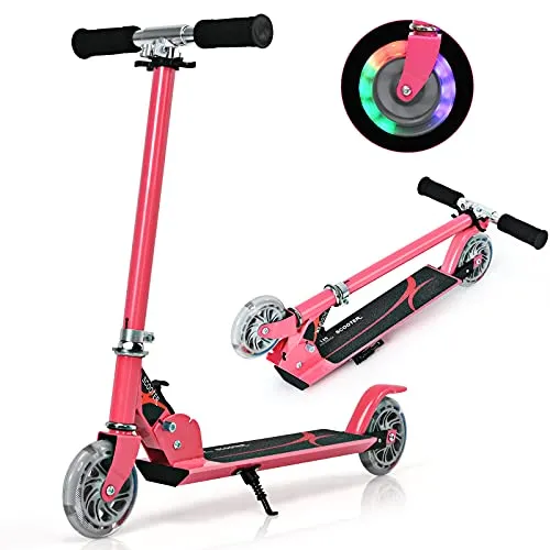 COSTWAY Kinder Roller mit LED Rädern – höhenverstellbarer Cityroller für Kinder ab 4 Jahren (Rosa) - Kinderscooter mit 3-fach höhenverstellbarem Lenker, ideal für Kinder von 4-13 Jahren. Robuste Aluminiumkonstruktion und blinkende LED-Räder sorgen für Sicherheit und Spaß beim Fahren.