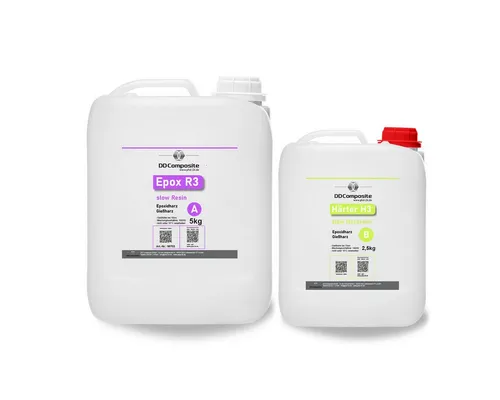 DD Composite Epoxidharz 5kg + 2,5kg Härter H3 slow - Hochwertiges Epoxidharz-System für kreative Projekte. Ideal für Gießanwendungen bis 10cm, mit hoher Transparenz und UV-Beständigkeit. Perfekt für Möbel, Kunst und Design. Einfache Anwendung mit langanhaltender Verarbeitungszeit.