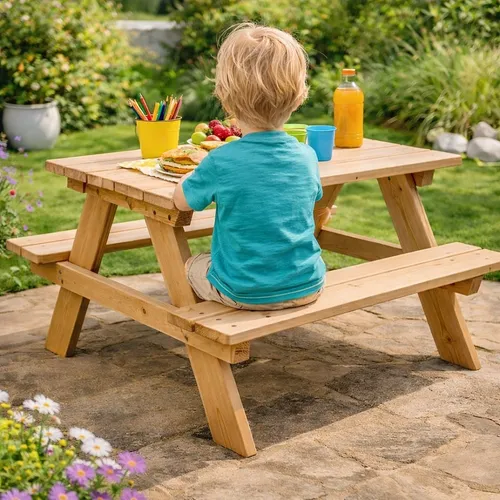 Kinder Picknicktisch aus Holz 89x79x50cm für den Garten - Kompakter Kinder Picknicktisch aus stabilem Holz, ideal für bis zu 4 Kinder. Perfekt für Drinnen und Draußen, mit einfacher Montage und natürlichem Finish.