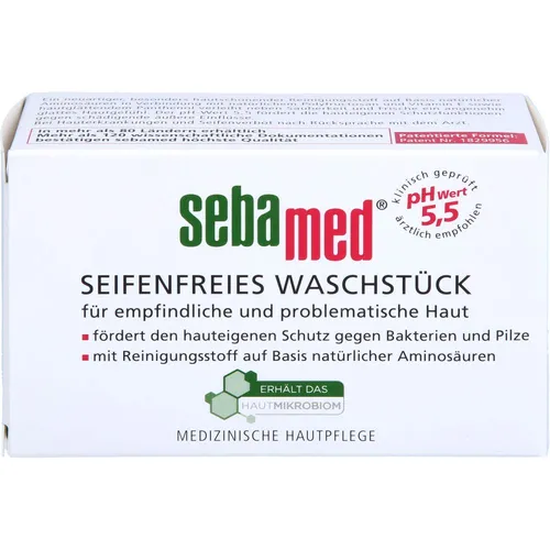 sebamed® seifenfreies Waschstück - Handseife für empfindliche Haut, mit natürlichen Aminosäuren und Vitamin E für ein sanftes Hautgefühl bei täglicher Reinigung.