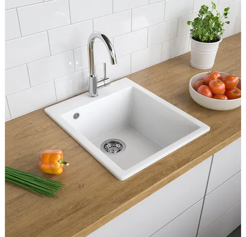 Bergstroem Granitspüle Venice, Weiß 43 x 50 cm - Sanitäranlagen & Zubehör, hochwertige Granitspüle mit 80% Quarzanteil, resistent gegen chemische Substanzen und ideal für langlebigen Einsatz in der Küche.