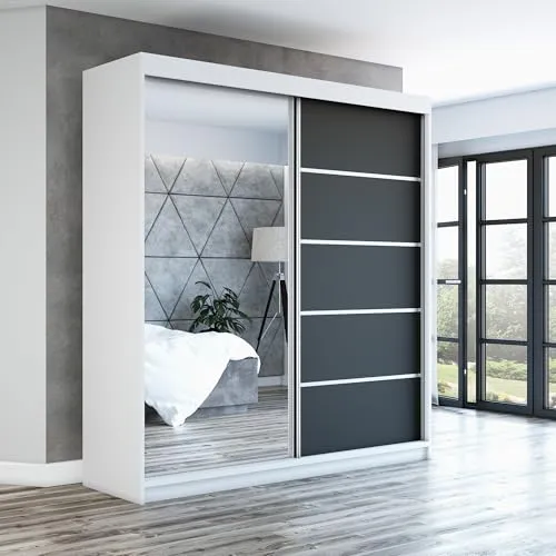 Schwebetürenschrank GAP, 2-türig mit Spiegel 180 cm - Moderner Schwebetürenschrank mit hochwertigem Aluminium-Schiebetürsystem, ideal für platzsparende Lösungen in Ihrem Schlafzimmer. Maße: 180 cm Breite, 215 cm Höhe.