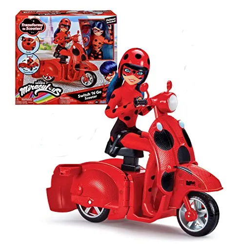 Bandai Miraculous Scooter Switch'n Go mit Ladybug Puppe - Puppen Set mit Roller und Ladybug Lucky Charm Puppe (26 cm) - Der Miraculous Scooter lässt sich leicht zusammenbauen und ist ideal für kreatives Spielen ab 4 Jahren.