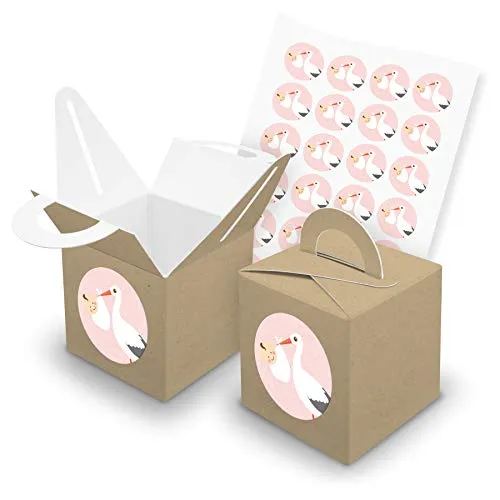 itenga Motiv Storch mit Baby Rosa Pastell für Mädchen Gast Geschenk Geburt Taufe 1. Geburtstag (24 Würfelboxen braun + Motivsticker ohne Text)
