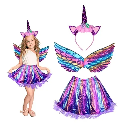 MEZOOM 3 Stück Einhorn Kostüm Prinzessin Set, Mädchen Einhorn Haarreif Flügel mit Tutu Rock Kinder Regenbogen Unicorn Cosplay Kostüme für Halloween Einhornparty Kindergeburtstag (3-9 Jahre)