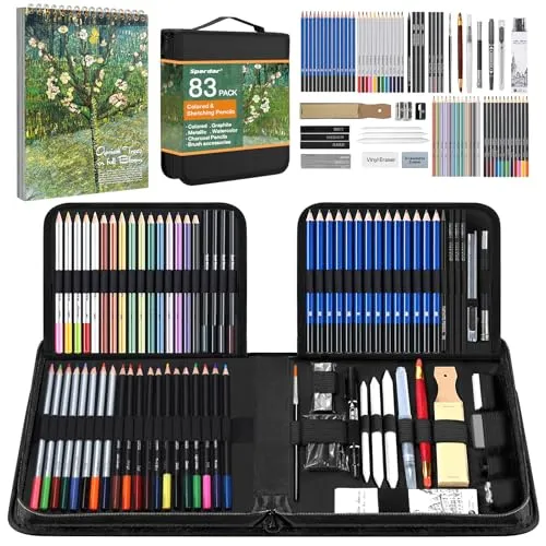 Spardar 83 Teiliges Zeichenstifte, Zeichenset mit Kohlestiften, Grafit, Bunt, Aquarell, Metallstifte, Inklusive Aufbewahrungstasche und A4 Skizzenbuch, Geeignet für Anfänger & Profis
