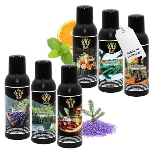 HAF Saunaaufguss Set „Zarte Sinne“ - 6 x 100ml - Erleben Sie wohltuende Düfte mit unserem 6er Set, bestehend aus 100% natürlichen ätherischen Ölen. Für ein intensives Saunavergnügen mit Citro-Orange, Eukalyptus und mehr – ideal zur Unterstützung Ihrer Entspannung!