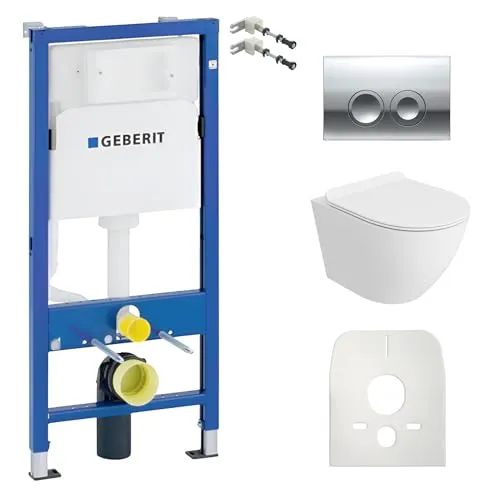 Lavita Duofix Basic Vorwandelement + Wand Tiefspül WC Sofi Slim Weiß Matt Spülrandlos + WC Sitz + Bedienplatte Delta 25 Verchromt Knopf Komplettset Unterputz Spülkasten Toilette Komplett Sett WC