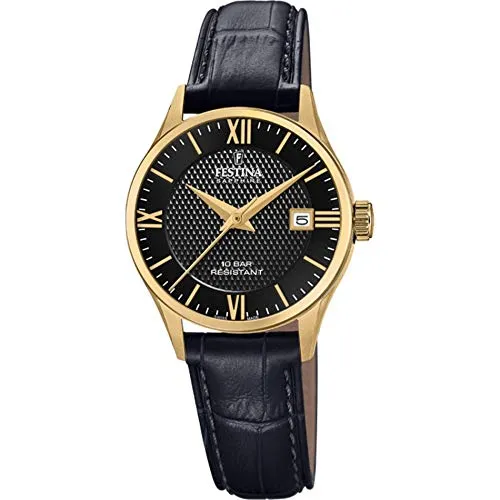 Festina Damen Uhr F20011/4 - Swiss Made Gold Edelstahl - Elegante Armbanduhr für Damen mit goldfarbenem Edelstahlgehäuse und schwarzem Lederarmband. Wasserdicht bis 10 bar, ideal für jeden Anlass.
