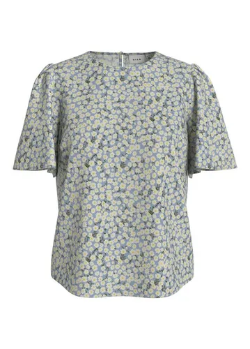 Vila Bluse in Hellblau - 34 - Leichte Bluse mit floralem Muster, Rundhalsausschnitt und lockerem Schnitt. Hergestellt aus 100% LENZINGTM ECOVEROTM Viskose für angenehmen Tragekomfort.