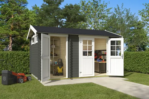 Gartenhaus Blockhaus Satteldach 28 mm William grün 400x270 cm - Gartenhaus aus robustem Holz mit 28 mm Wandstärke, abschließbar und ideal für Ihre Gartengeräte. Genießen Sie 9.15 m² Nutzfläche und ein ansprechendes Design.