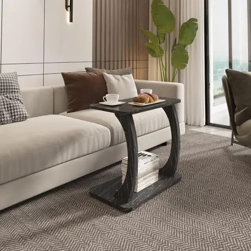 [en.casa] Beistelltisch Stattela Sofatisch C-Form Nachttisch 59 x 35 x 56 cm Wohnzimmertisch Betttisch mit 4 Rollen Kaffeetisch rechteckig Marmoroptik, schwarz