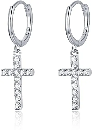 Sterling Silber Creolen mit Anhänger 14K Vergoldet I Ohrringe für Damen, Mädchen und Frauen I Kreolen hängend mit Steinen und Kreuz (Silber) 925