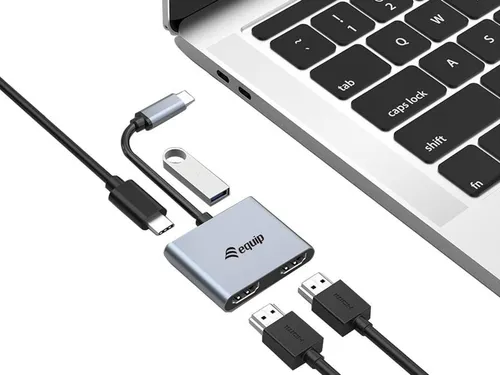 Equip USB-C 4-in-1 Dual-HDMI-Adapter - USB-Hub mit dualer HDMI-Unterstützung für Auflösungen bis 4000 x 2000, ideal für Multitasking und beeindruckende Bildqualität.