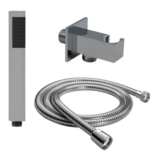 Design Handbrause mit Schlauch Messing verchromt + Wandanschluss quadratisch