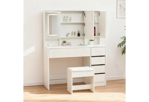 OKWISH Schminktisch mit LED-Spiegel und Hocker, elegant und funktional