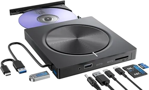Externes CD DVD Laufwerk USB 3.0 Typ-C mit SD/TF-Kartenleser - Externe CD- & DVD-Laufwerke, ultraschlankes Design, Plug & Play, unterstützt hohe Datenübertragungsraten und ist kompatibel mit allen gängigen Betriebssystemen.