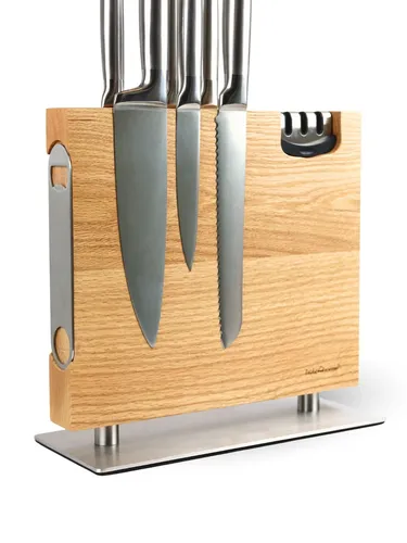 Magnetischer Messerblock aus Eichenholz mit Messerschärfer - Küchenmesser Aufbewahrung in elegantem Design, inklusive Messerschärfer für stets scharfe Klingen und Flaschenöffner für zusätzlichen Nutzen.