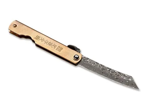 Higonokami 01PE311 Hoseki Damascus Taschenmesser - Küchenmesser aus hochwertigem Damast mit elegantem Messinggriff, ideal für präzise Schneidarbeiten und stilvolle Präsentation.