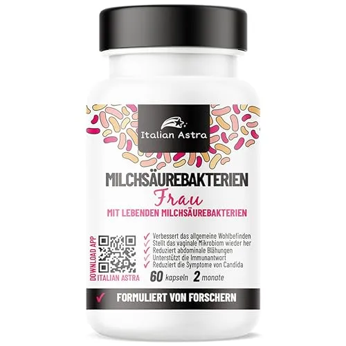 Italian Astra Probiotika Frauen – Mega-Konzentration 205 Milliarden KBE – L. Rhamnosus, L. Paracasei, L. Plantarum | Intim- & Darmflora | Hormonfrei | Cystitis, Mykose, Blähungen | 60 Kapseln
