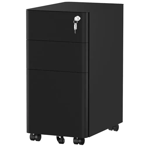 YITAHOME Rollcontainer mit 3 Schubladen, Metall Abschließbar Aktenschrank für A4, Legal, Letter, Mobiler Büroschrank mit Rollen für Home-Office, Hängeregistratur, 45 x 30 x 61cm, Schwarz