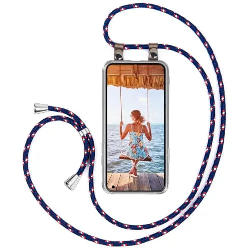 moex Handykette für Nothing Phone (1) Hülle mit Band abnehmbar, Handyhülle mit Kette zum Umhängen, Handyband 155 cm lang Stoff Kordel Umhängehülle, Handy Umhängeband, Blau Rot