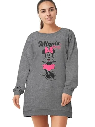 Disney Minnie Mouse Nachthemd für Damen - Schlafshirt Pyjama Langarm Oberteil Grau (Grau, L)