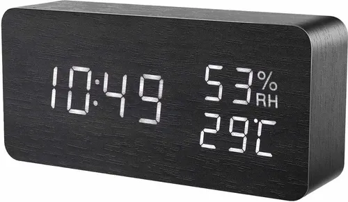 INF Digitaler LED-Wecker, digitaler Wecker, Reisewecker, Tischuhr, Uhr mit Datum und Temperatur, schwarzes Holzdesign