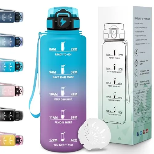 Motswedi Trinkflasche 1.5 Liter, Wasserflasche, Auslaufsicheres, Trinkflasche Kohlensäure Geeignet, mit Zeitstempel, Flasche, Sportflasche, für Sport, Uni, Büro & Fahrrad - Blau&Lila