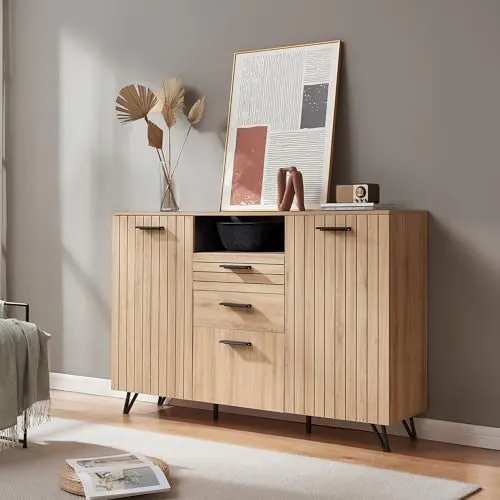 [en.casa] Sideboard Noppen Kommode mit 3 Türen und 2 Schubladen in Eicheoptik - Elegantes Sideboard mit viel Stauraum – ideal für Bücher, Deko und Geschirr. Stilvolles Design mit pflegeleichter Oberfläche und stabiler Konstruktion für den täglichen Einsatz.